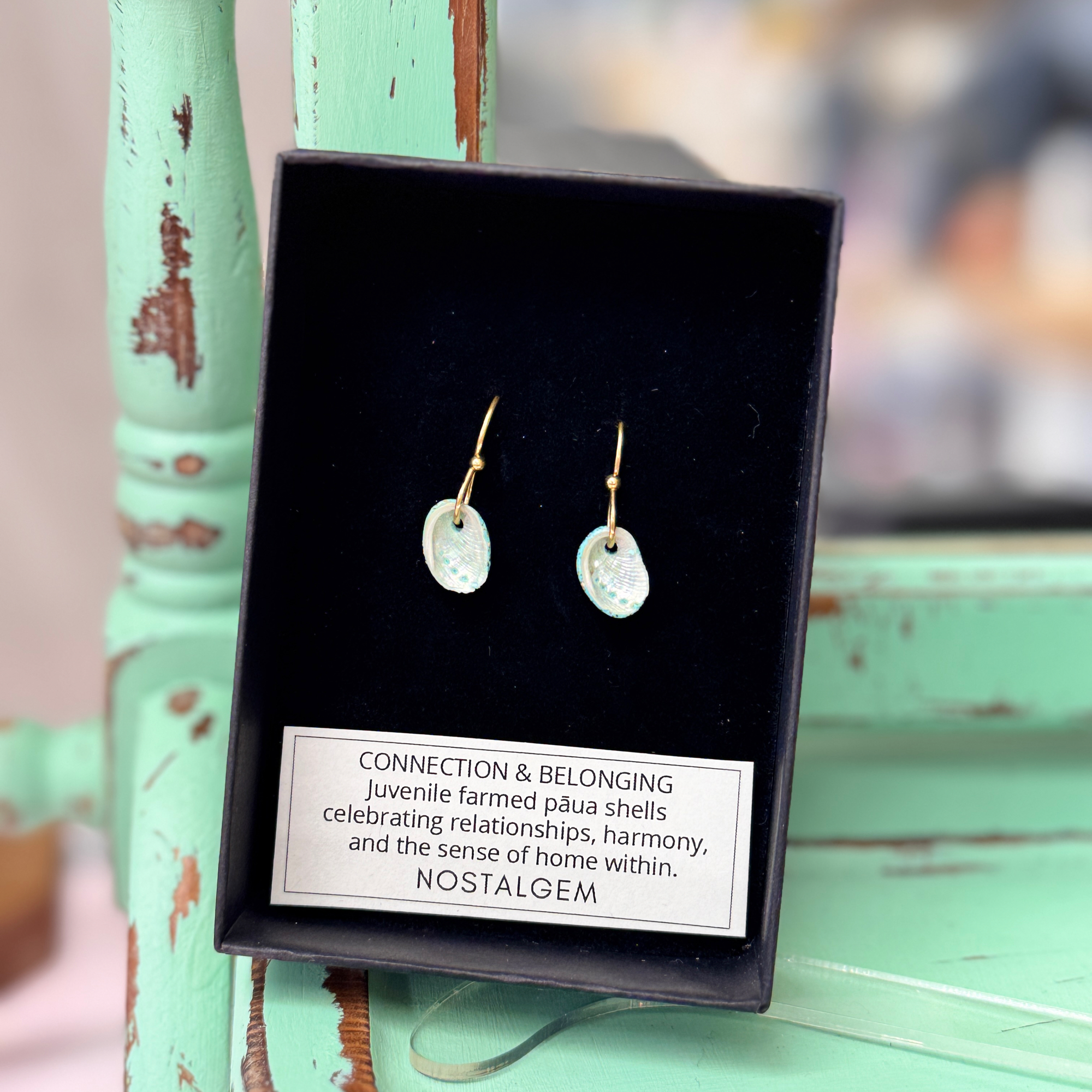 NOSTALGEM- Paua Shell Dangle Hook Earrings (Gold)