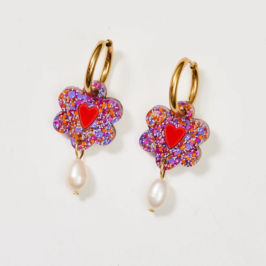 Martha Jean-HEART FLOWER + PEARL EARRINGS – PURPLE ORANGE