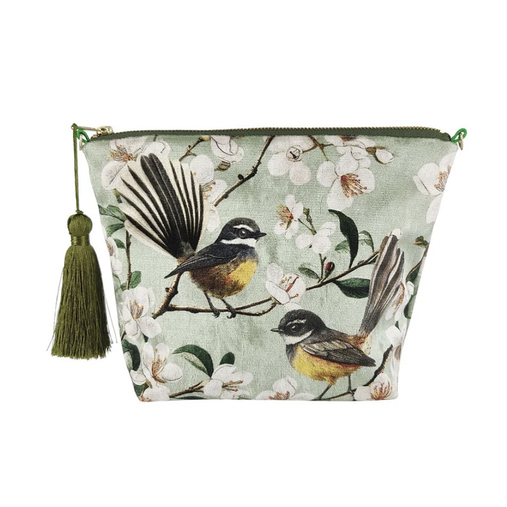 100%NZ Chatty Fantails Velvet Cosmetic Bag